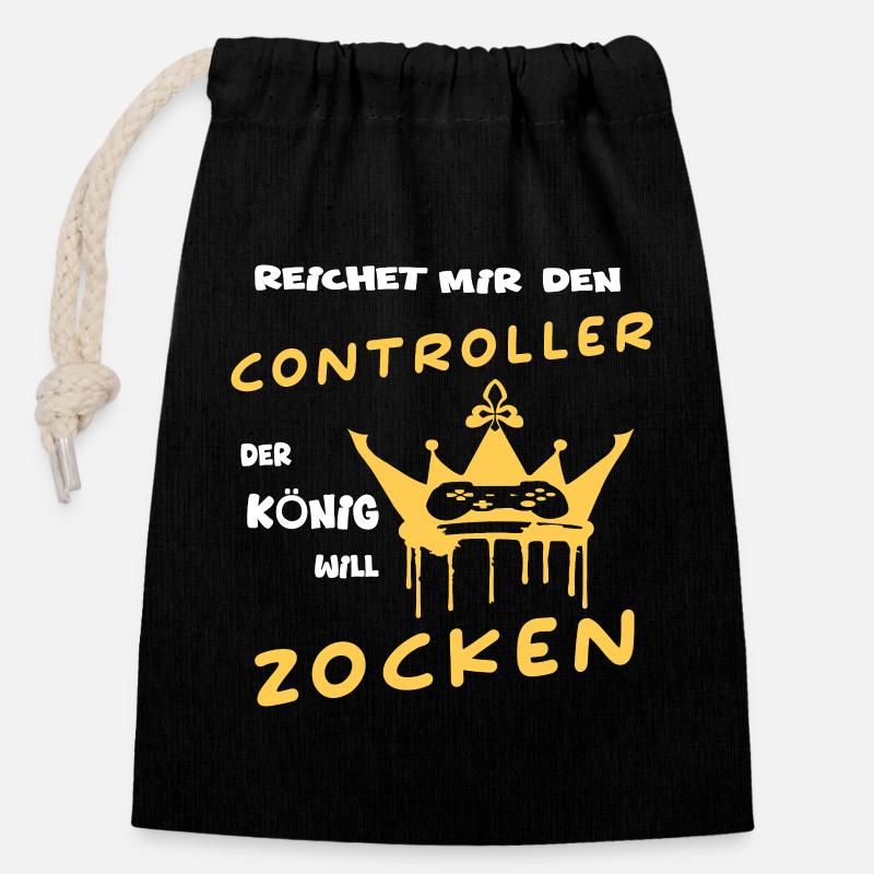 Reichet Mir Den CONTROLLER Der König Will ZOCKEN - Verschließbarer Geschenkbeutel aus Baumwolle (14x20cm) - Schwarz