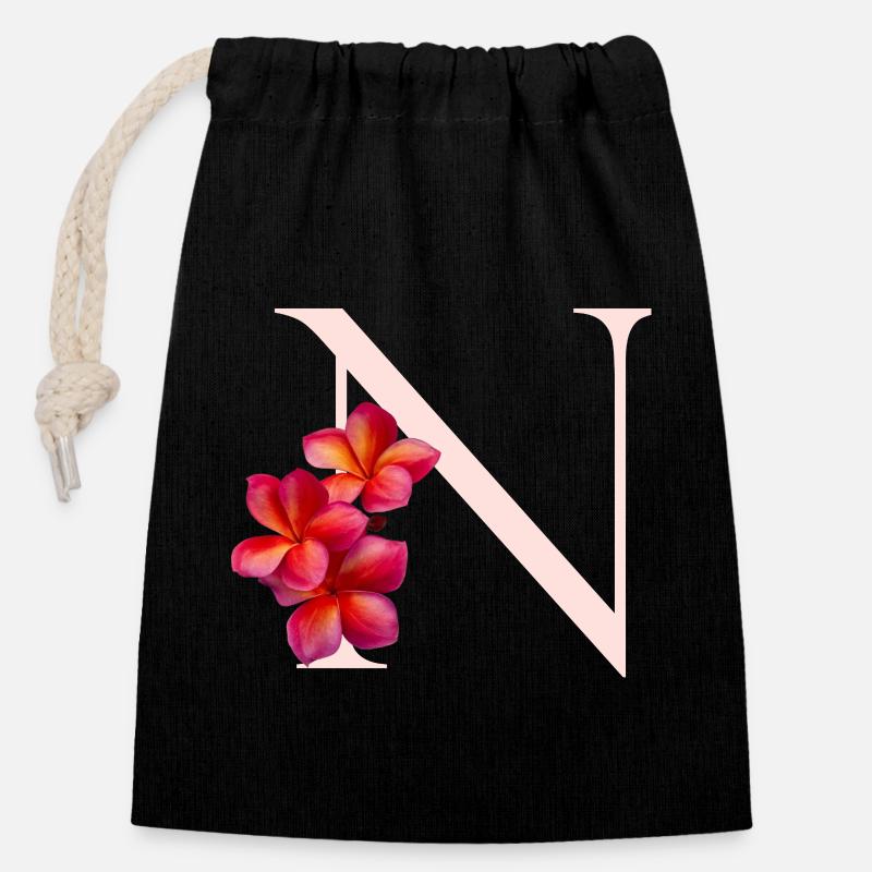 N Floral Monogram - Closable cotton gift bag (14x20cm) - black