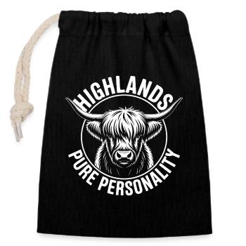 Highland Cow Pure Persönlichkeit - Verschließbarer Geschenkbeutel aus Baumwolle (14x20cm) - Schwarz - Vorne