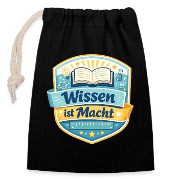 Wissen ist Macht Badge - Verschließbarer Geschenkbeutel aus Baumwolle (14x20cm) - Schwarz - Vorne