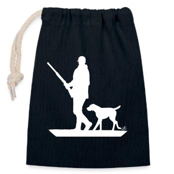 Hunter with hunting dog on the prowl (white) - Closable cotton gift bag (14x20cm) - navy - Front