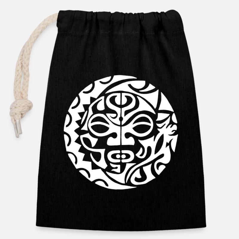 Tête de mort polynésienne blanche - Sac cadeau en coton avec cordon (14 x 20 cm) - noir