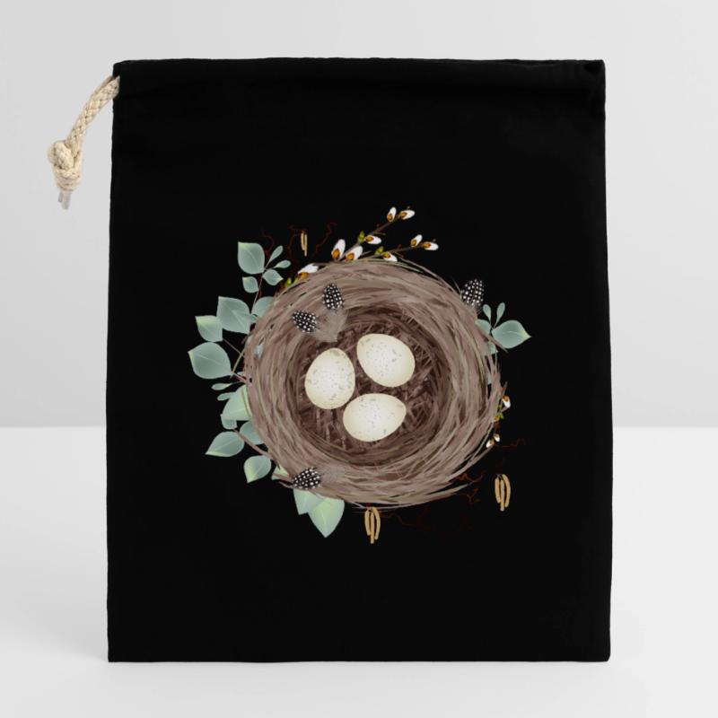 Vogelnest oder Osternest mit drei Eier und Federn Verschließbarer Geschenkbeutel aus Baumwolle (14x20cm)