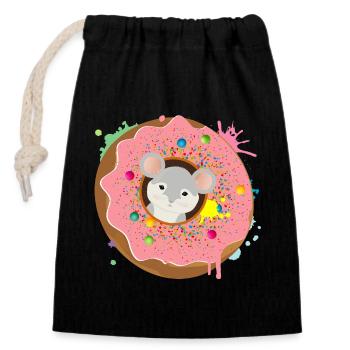 grey mouse sitting in the donut with pink glaze - Closable cotton gift bag (14x20cm) - black - Front