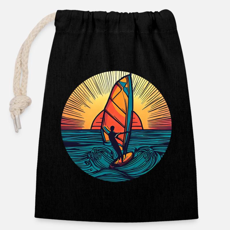 Windsurfer Surfer Sunset - Sac cadeau en coton avec cordon (14 x 20 cm) - noir