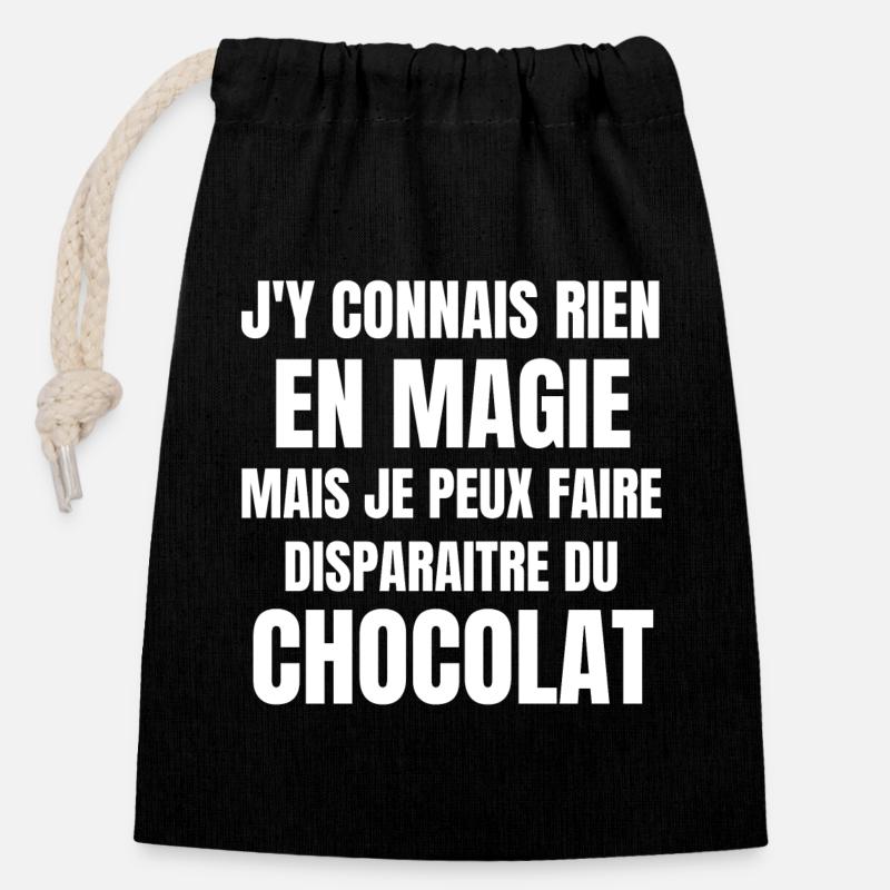 chocolat, chocolat humour, manger du chocolat - Sac cadeau en coton avec cordon (14 x 20 cm) - noir