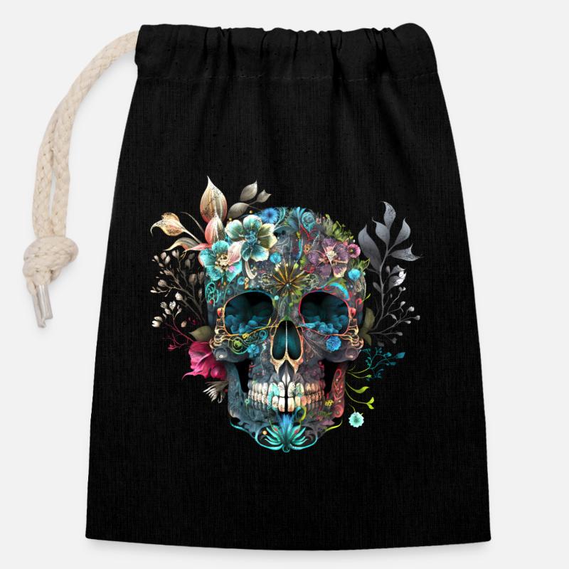 Mexikanischer Totenkopf, Blumen, Schädel, skull - Verschließbarer Geschenkbeutel aus Baumwolle (14x20cm) - Schwarz