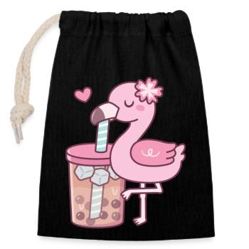 Cute Flamingo Loves Bubble Tea T Shirt - Sac cadeau en coton avec cordon (14 x 20 cm) - noir - Devant