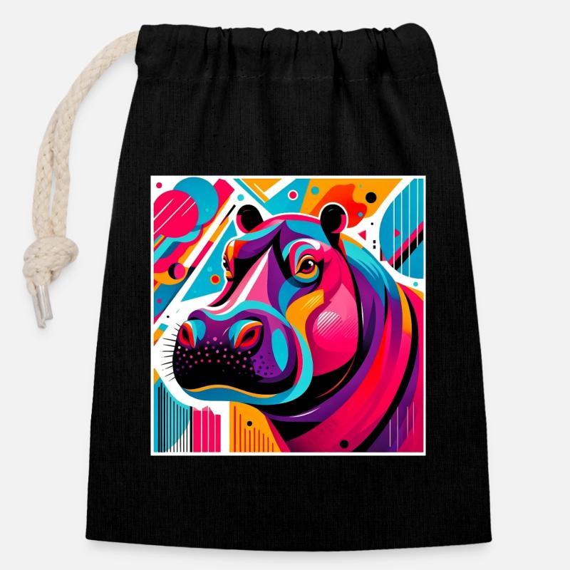 Hippopotame - Sac cadeau en coton avec cordon (14 x 20 cm) - noir