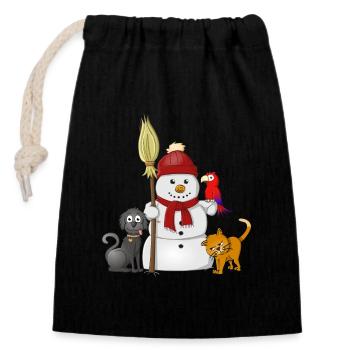 Bonhomme de neige avec écharpe rouge, chien, chat et perroquet - Sac cadeau en coton avec cordon (14 x 20 cm) - noir - Devant