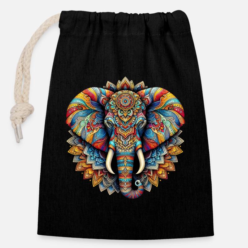 Elefant mit Mandalas verziert - Verschließbarer Geschenkbeutel aus Baumwolle (14x20cm) - Schwarz