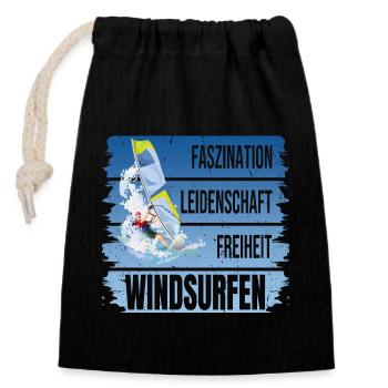 Faszination - Leidenschaft - Freiheit - Windsurfen - Verschließbarer Geschenkbeutel aus Baumwolle (14x20cm) - Schwarz - Vorne