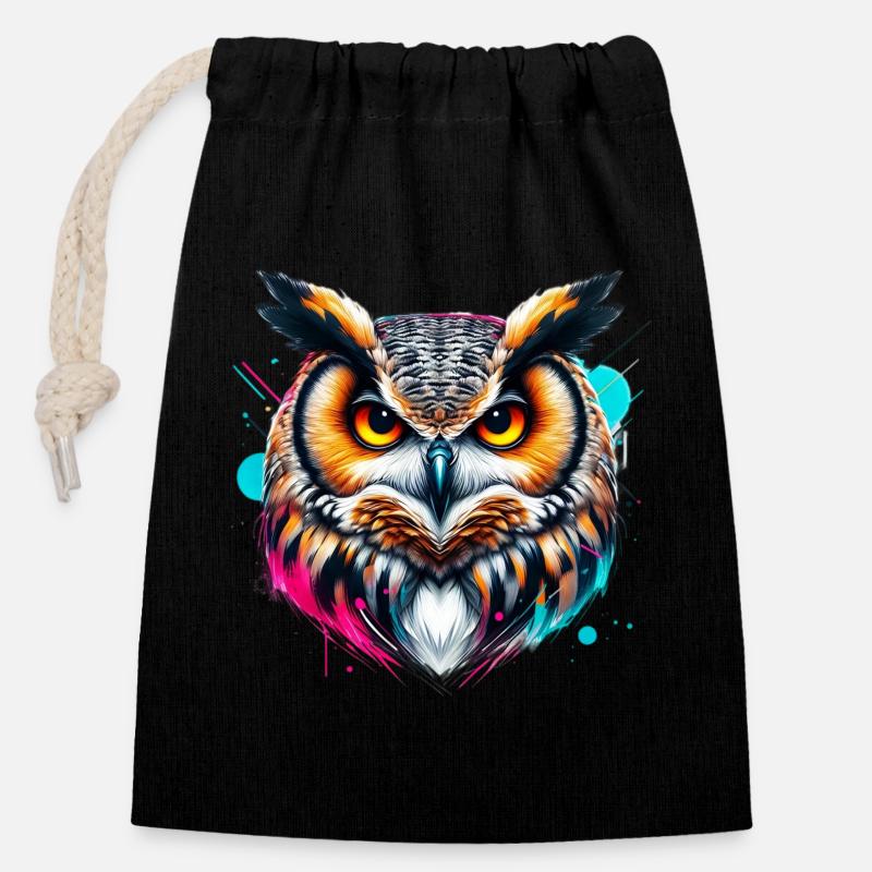 Hibou - Sac cadeau en coton avec cordon (14 x 20 cm) - noir