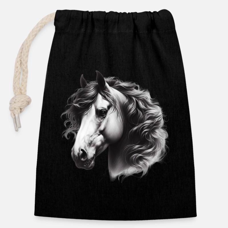 Cheval - Sac cadeau en coton avec cordon (14 x 20 cm) - noir