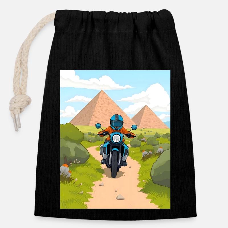 Moto de dessin animé dans le désert - Sac cadeau en coton avec cordon (14 x 20 cm) - noir