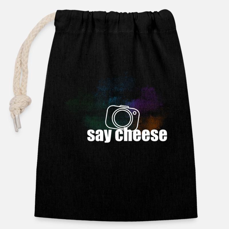 Say Cheese blanc - Sac cadeau en coton avec cordon (14 x 20 cm) - noir
