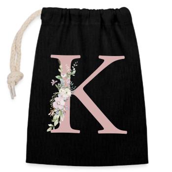K Monogram, Floral, Personnalisable - Sac cadeau en coton avec cordon (14 x 20 cm) - noir - Devant