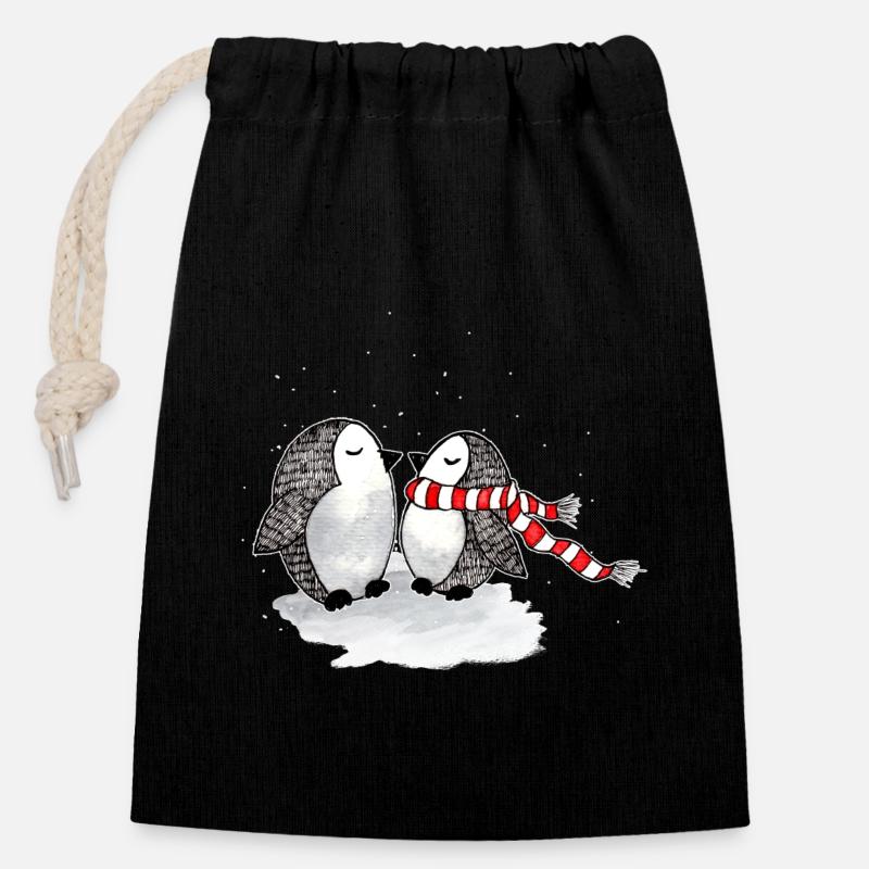 Penguins - Sac cadeau en coton avec cordon (14 x 20 cm) - noir