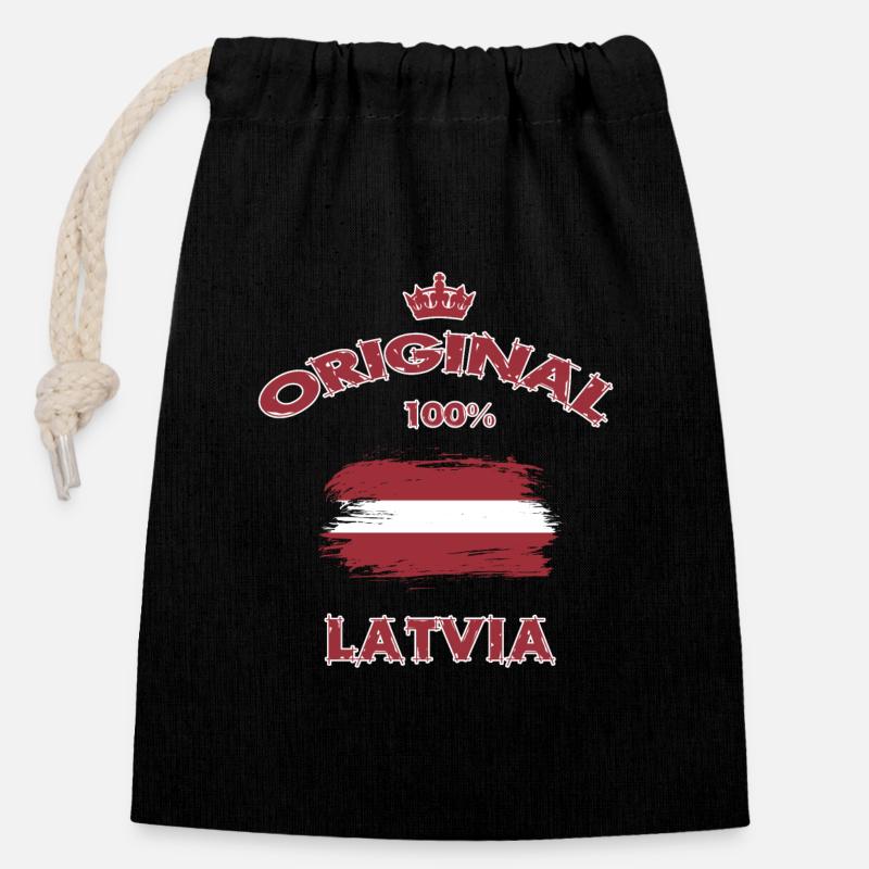 Lettonie 100 % / Cadeau drapeau latvia - Sac cadeau en coton avec cordon (14 x 20 cm) - noir