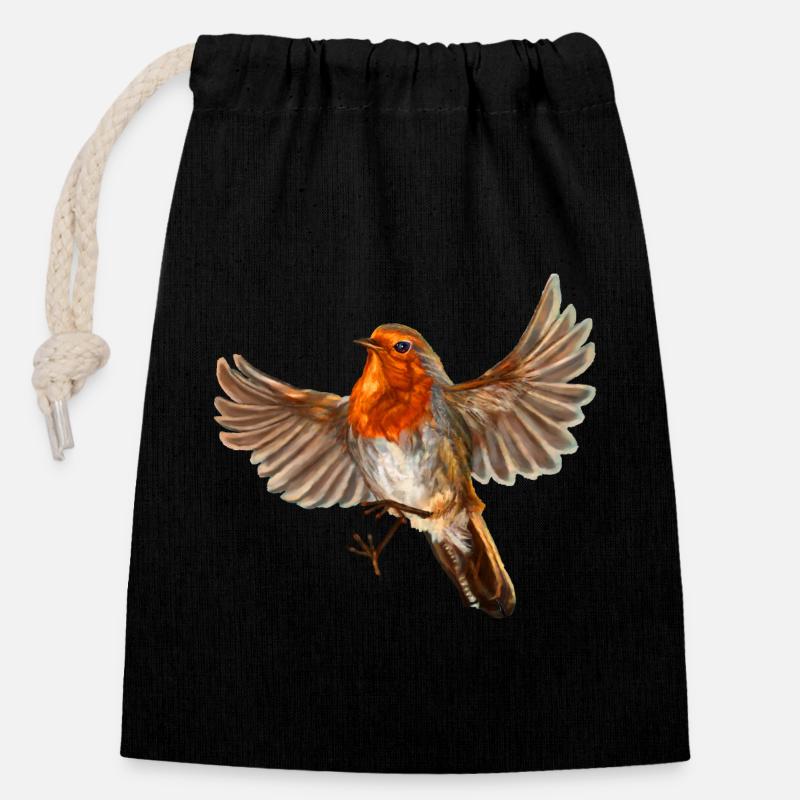oiseau rouge-gorge - Sac cadeau en coton avec cordon (14 x 20 cm) - noir