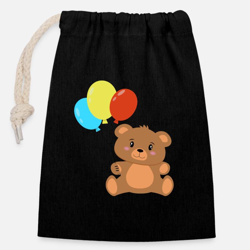 Teddybär mit Luftballons - Verschließbarer Geschenkbeutel aus Baumwolle (14x20cm) - Schwarz