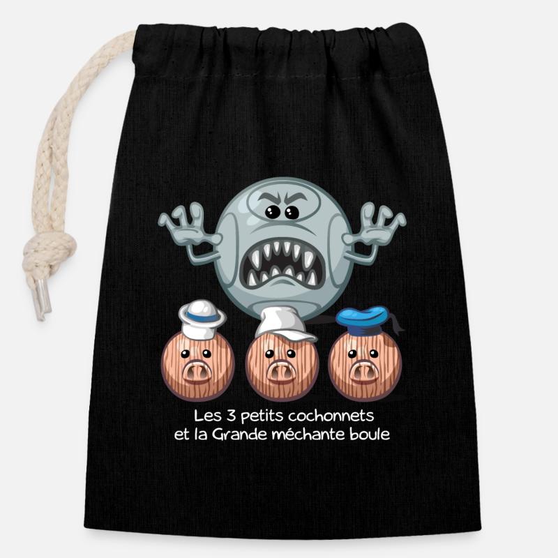Les 3 petits cochonnets - Verschließbarer Geschenkbeutel aus Baumwolle (14x20cm) - Schwarz