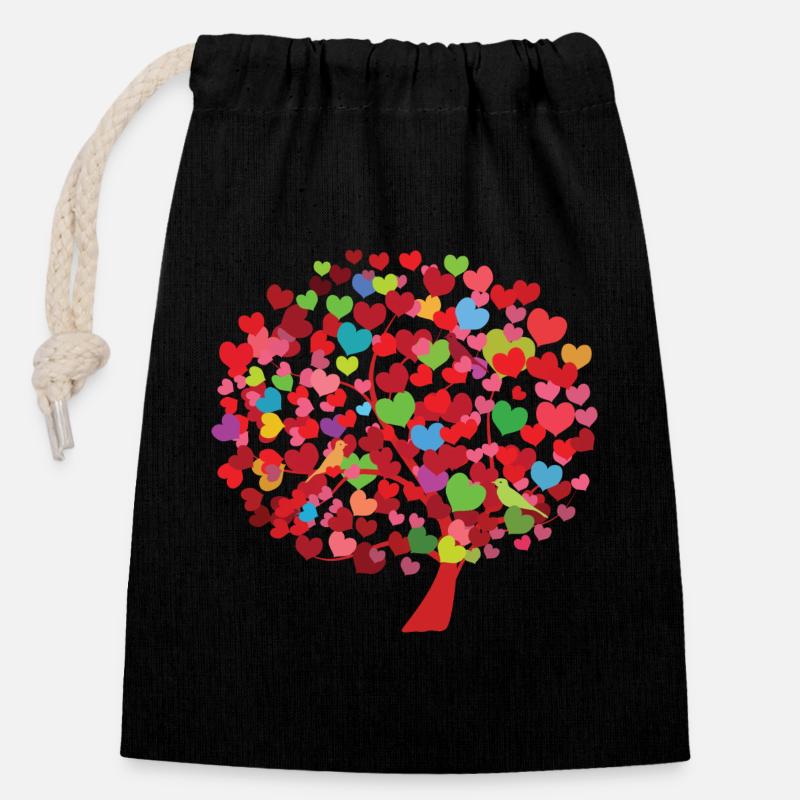 Illustration d’arbre de coeur avec des feuilles colorées - Sac cadeau en coton avec cordon (14 x 20 cm) - noir