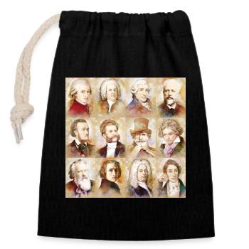 12 Komponisten: Mozart, Bach, Beethoven und mehr - Verschließbarer Geschenkbeutel aus Baumwolle (14x20cm) - Schwarz - Vorne