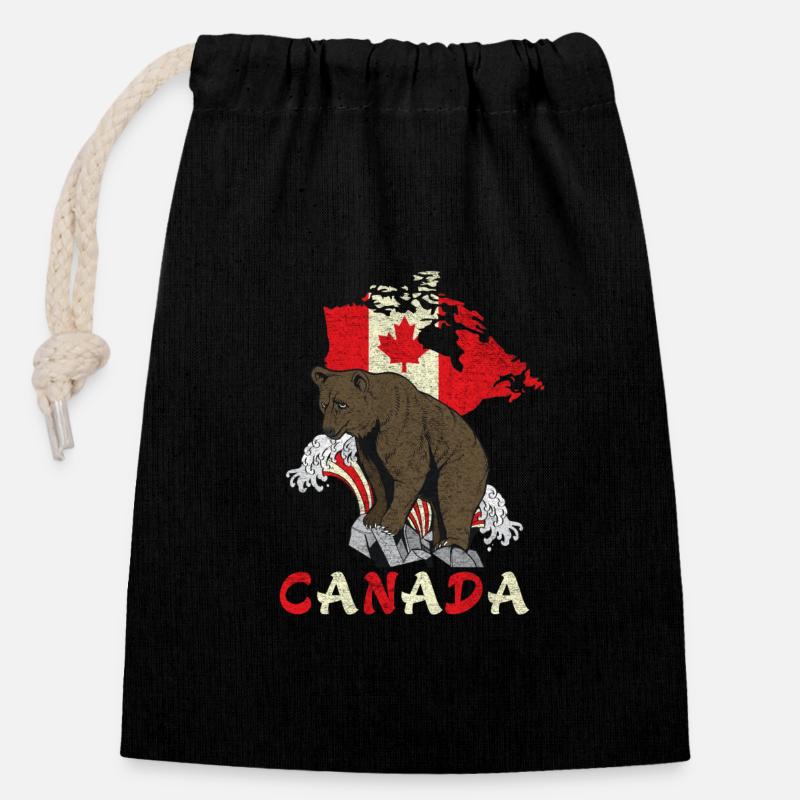 Conception d'ours du Canada avec carte et drapeau - Sac cadeau en coton avec cordon (14 x 20 cm) - noir