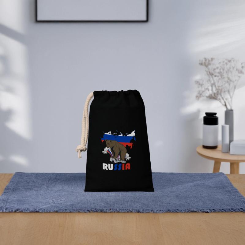 Russie conception de l’ours avec carte et drapeau Sac cadeau en coton avec cordon (14 x 20 cm)