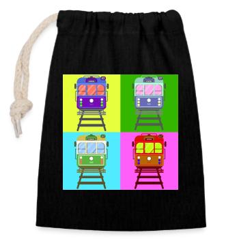 Tram, Straßenbahn Pop Art - Verschließbarer Geschenkbeutel aus Baumwolle (14x20cm) - Schwarz - Vorne