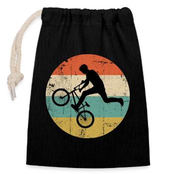 BMX Stunt Silhouette auf Retro Streifen - Verschließbarer Geschenkbeutel aus Baumwolle (14x20cm) - Schwarz - Vorne
