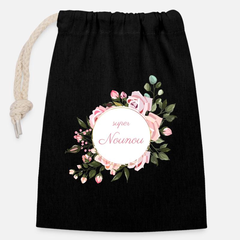 super nounou bouquet fleurs roses cadeau fin année - Sac cadeau en coton avec cordon (14 x 20 cm) - noir