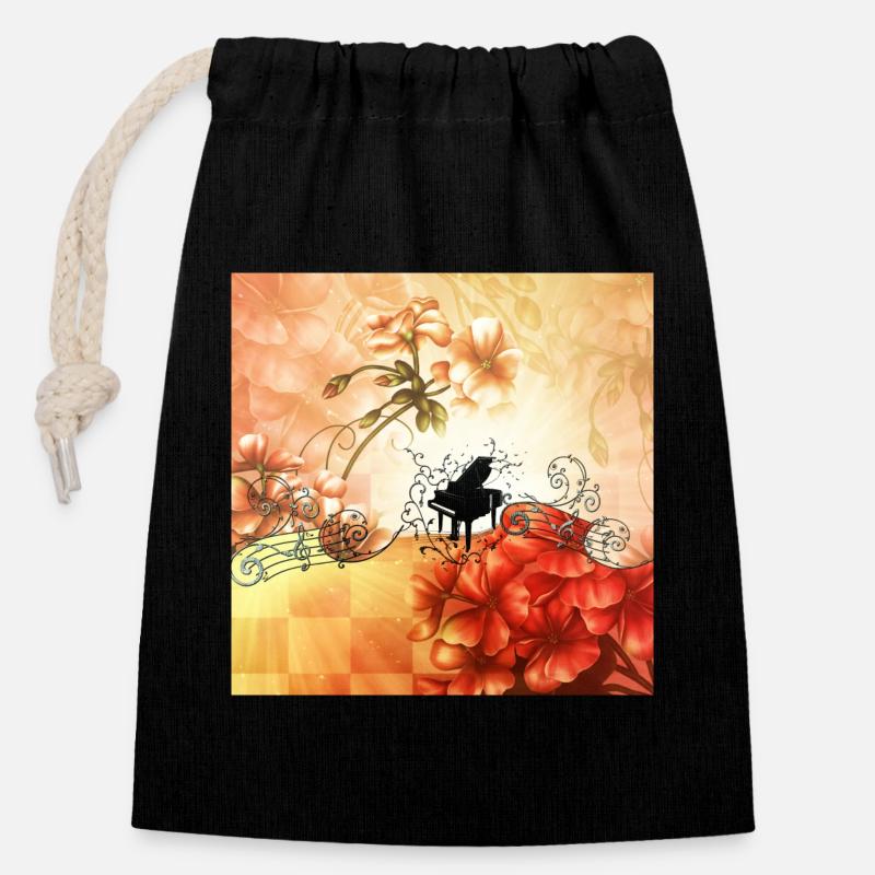 Merveilleuses fleurs avec piano et notes clés. - Sac cadeau en coton avec cordon (14 x 20 cm) - noir