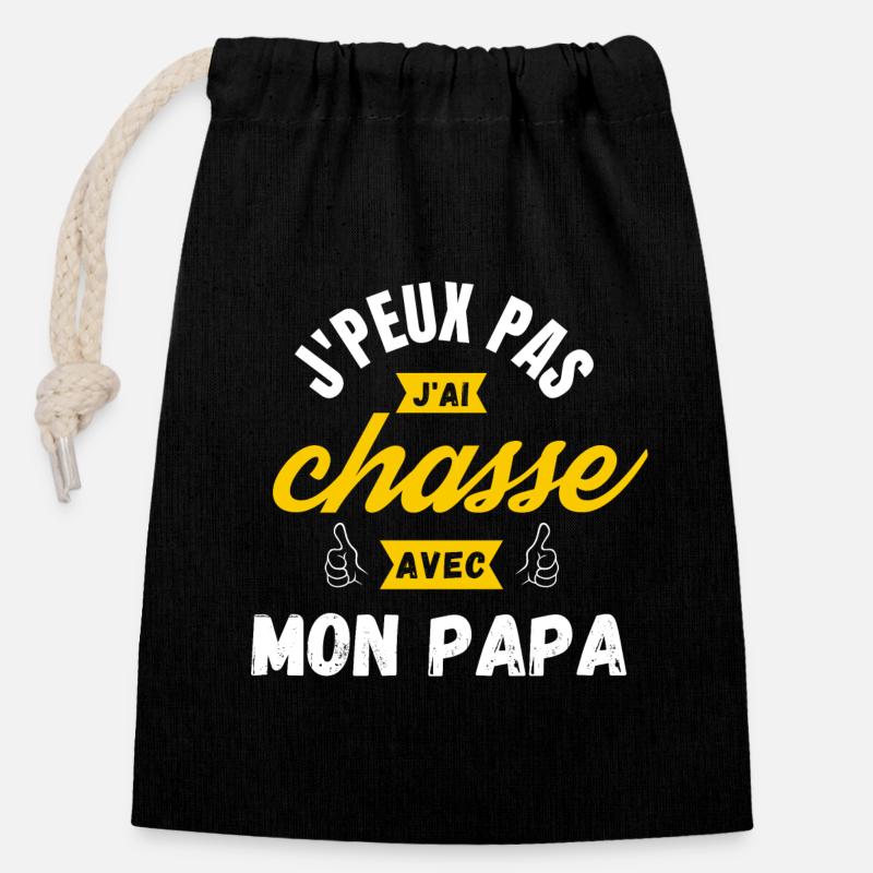 j peux pas j ai chasse avec mon papa - Sac cadeau en coton avec cordon (14 x 20 cm) - noir