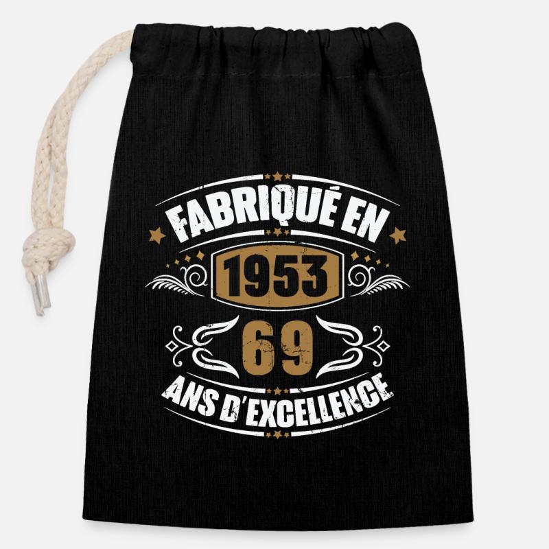 Fabriqué en 1953, 69 ans d'excellence - Sac cadeau en coton avec cordon (14 x 20 cm) - noir