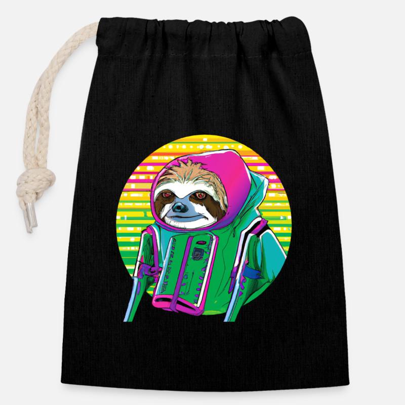 Cyber punk Sloth - style Ukiyo-e. - Sac cadeau en coton avec cordon (14 x 20 cm) - noir