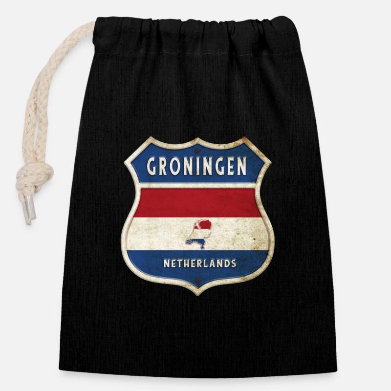 Design des armoiries de Groningen, Pays-Bas - Sac cadeau en coton avec cordon (14 x 20 cm) - noir