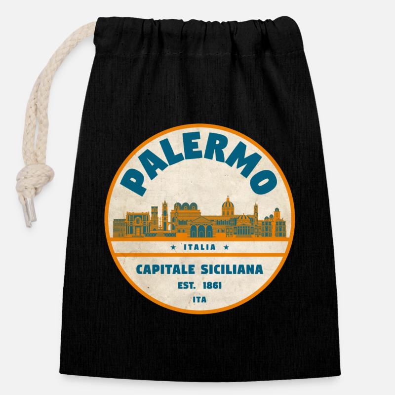 Palermo Retro Stadtlogo rund - Verschließbarer Geschenkbeutel aus Baumwolle (14x20cm) - Schwarz