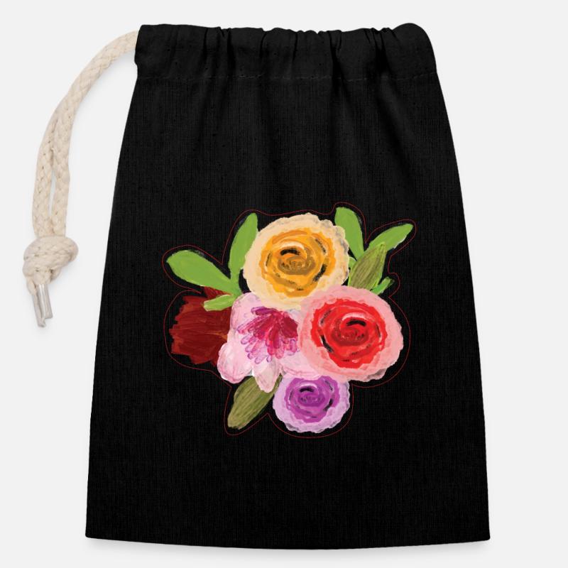 Illustration florale à l’aquarelle - Sac cadeau en coton avec cordon (14 x 20 cm) - noir