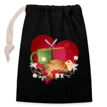 Breakfast for two with croissant, coffee and berries - Closable cotton gift bag (14x20cm) - black - Front