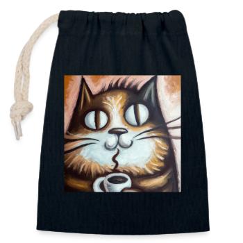 Cat enjoys coffee - Closable cotton gift bag (14x20cm) - navy - Front