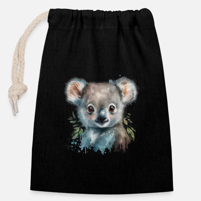 Koala Watercolor Foliage - Closable cotton gift bag (14x20cm) - black