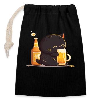 Cat cuddles with beer - Closable cotton gift bag (14x20cm) - black - Front