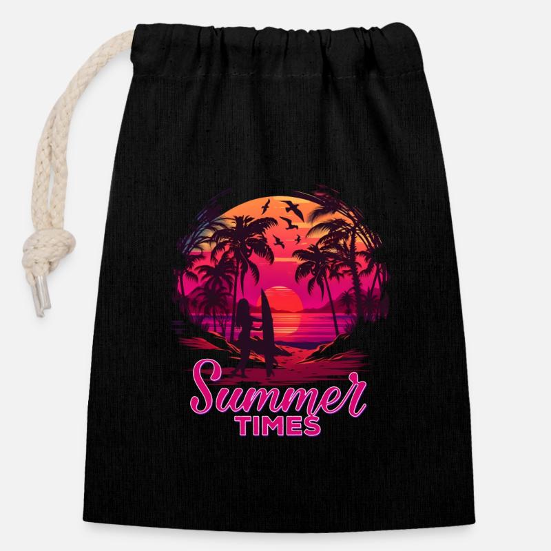 Retro Palmen Sonne Urlaub Summer Times - Verschließbarer Geschenkbeutel aus Baumwolle (14x20cm) - Schwarz
