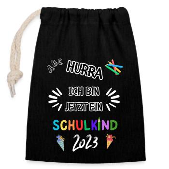 Schulkind 2023 - Einschulung - Erster Schultag - Verschließbarer Geschenkbeutel aus Baumwolle (14x20cm) - Schwarz - Vorne