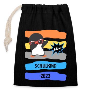 Schulkind Dab - Schulkind 2023 - Pinguin - Bäm - Verschließbarer Geschenkbeutel aus Baumwolle (14x20cm) - Schwarz - Vorne