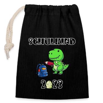 Schulkind 2023 - Dino - T-Rex - Einschulung - Verschließbarer Geschenkbeutel aus Baumwolle (14x20cm) - Schwarz - Vorne