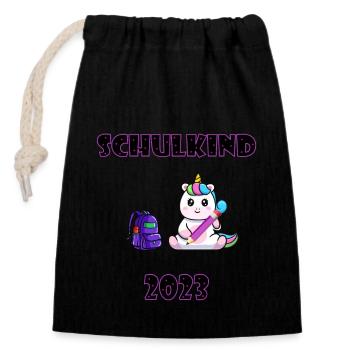 Schulkind 2023 - Einhorn Mädchen - Erster Schultag - Verschließbarer Geschenkbeutel aus Baumwolle (14x20cm) - Schwarz - Vorne