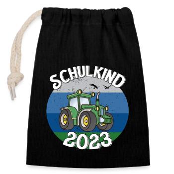Traktor Schulkind 2023 Geschenkidee - Verschließbarer Geschenkbeutel aus Baumwolle (14x20cm) - Schwarz - Vorne